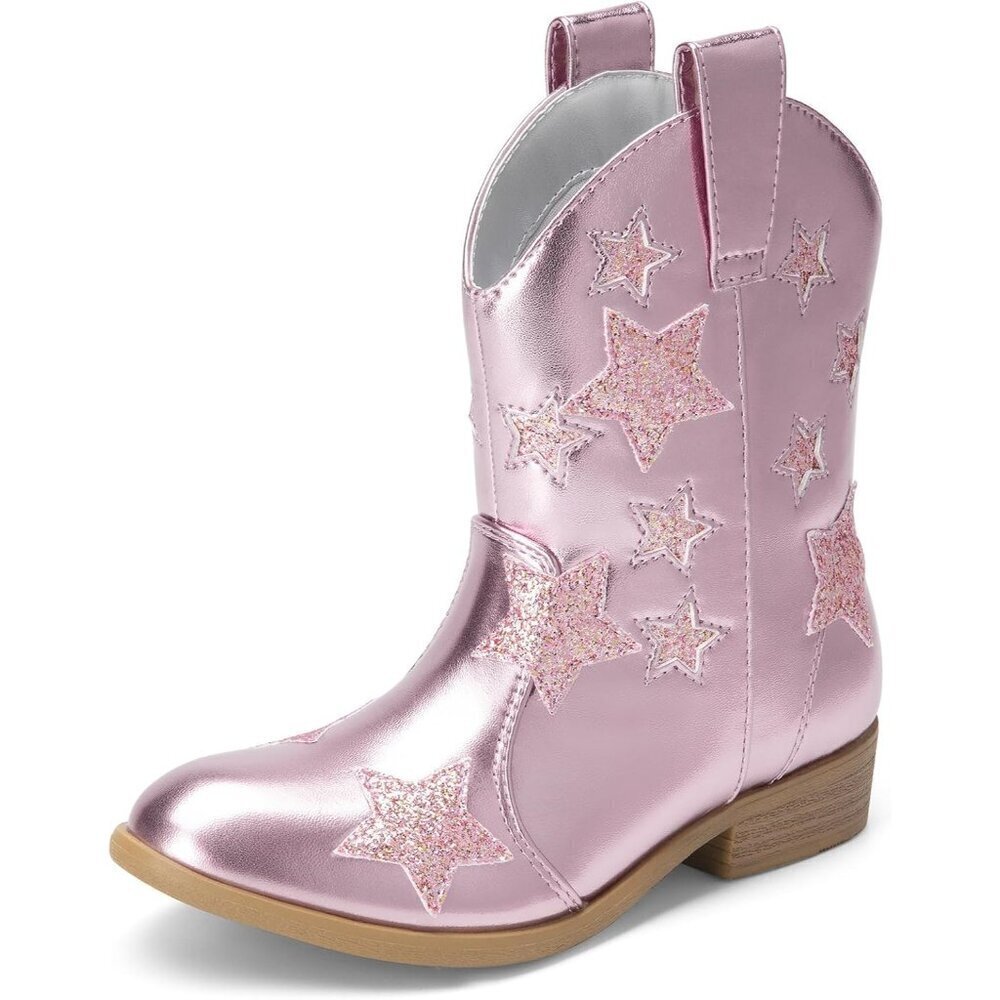 Girls Pink Cowgirl Mid Calf Glitter Western Boots Toddler Star Riding Shoes